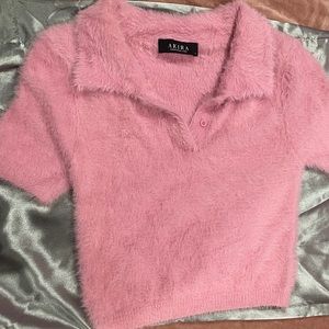 Pink Fuzzy Crop Polo Top